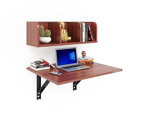 Image of Madhuran Engineered Wood Wall Mounted Folding Laptops Cum Study Table with Storage Shelf (Matte Teak) Work Home Foldable Office Study Room Books Kitchen Organizer