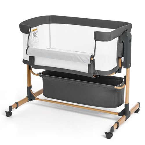 Image of Baby Bassinet,Bedside Bassinet for Baby,3 in 1 Rocking Bassinet with Wheels and Mattress,Bassinet Bedside Sleeper 4-Sided Mesh,6 Height Adjustable Bedside Crib for Newborn (Dark Grey)