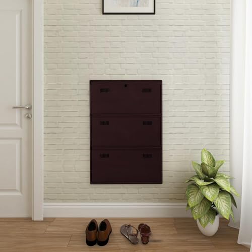 Image of Metal Shoe Rack Wall Mounted for Home with Central Locking | 3 Door 28 inch Wall Mounted Metal 9 Pair Shoe Rack Cabinet | Pre-Assembled Rack Shelves | 3 Year Warranty (Brown)