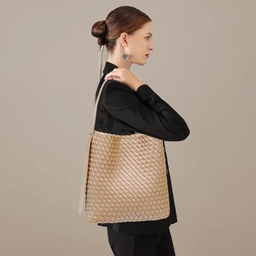 Image of Fashion Woven Tote Bag for Women, Female Hobo Bag, Beach Handbag Purse, Travel Shoulder Bag with Adjustable Strap (Apricot)