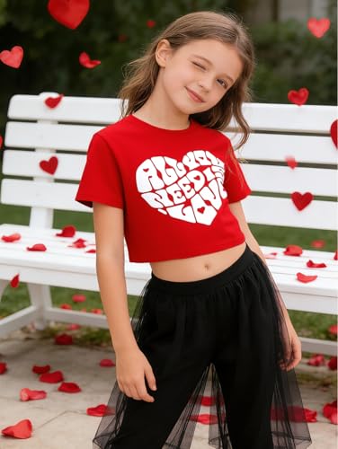 Image of Girls Valentine T-Shirts Crop Tops Short Sleeve Shirts Little Kids Love Heart Graphic Tees