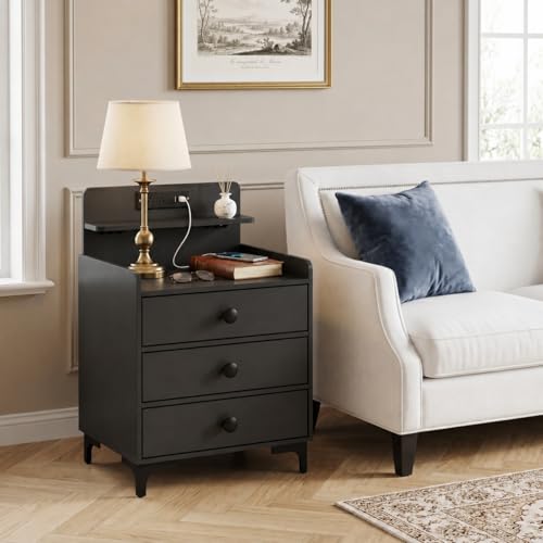 Image of Rreyet 29 inch Nightstand Set of 2, 3 Drawers, Black | Charging Station, Button Handle, Smooth Sliding, Enhanced Storage, For Bedroom, Sofa Side