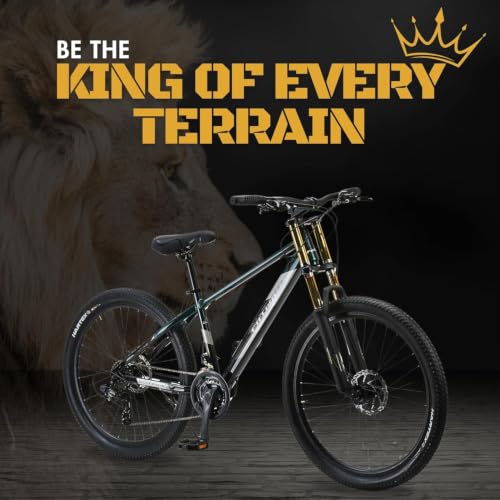 Image of FitTrip Super Dominator 21 Speed Mountain Bike, 26 Inch Stunt MTB Cycle with Imported Double Crown Suspension and Jak 7 Dual Disc Brakes, Single Speed Bicycle for Men (British Racing Green)