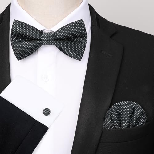 Image of HISDERN Mens Plaid Bow Tie Set Pocket Square and Cufflinks Bowtie | Pretied Bowties Design for Easy Wear,Check Pattern,Matching Handkerchief Cuff Link,3PCS Set Wedding Formal Party Groom Prom