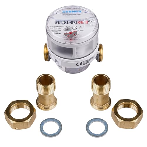 Zenner Wasserzähler 1/2 Zoll Kalt- und Warmwasser 80 mm Baulänge mit Verschraubung und Dichtungsset Eichung 2026 mit Kennzeichnung  CE M26 0102 Seitlich am Zähler.