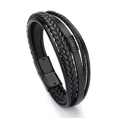 Pulseira de couro masculina multifios, casual, preta, trançada, joias presentes com fecho, One Size, Couro, Sem Pedra Preciosa