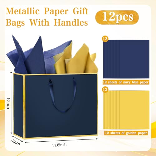 Epoesch 12 Pack Navy Blue Gift Bags with Handles – Includes 24 Tissue Paper – 11.8\"x10\"x4\" – Elegant 5 Senses Gift Bags for Wedding, Bridesmaids, Groomsmen, Guests, Valentine\'s Day, Easter (Navy Blue, Gold) - Thumbnail 2