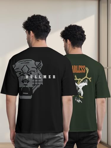 Image of BULLMER Trendy Front and Back Printed Oversized Round Neck T-Shirt for Men - Pack of 2