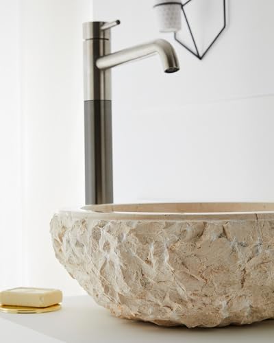 MG Valencia ARUBA Vasque à Poser en Pierre. Lavabo Salle de Bain Crème, Vasque Ronde, Pierre Naturelle, Lavabo WC, 100% Marbre, Sans Trou pour Robinet,...