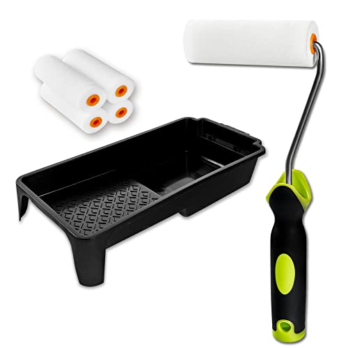 Premium Lackierwalze Set inkl. Ersatz Farbwalzen und Farbwanne, Perfekter Farbroller für Lacke aller art, dank hochwertiger Schaumstoffrolle (1 Farbroller + 5 Schaumstoffrollen + 1 Farbwanne)