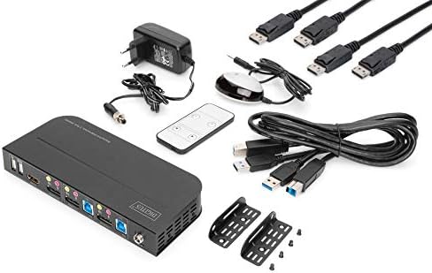 DIGITUS KVM Switch DisplayPort  2-portowy pojedynczy wyświetlacz  2 szt. 1 monitor  1 mysz, klawiatura i dźwięk dla 2 komputerów  UHD 4K@60Hz (4096 x 2160p)  Hot-Key  2x USB 3. 0  Czarny