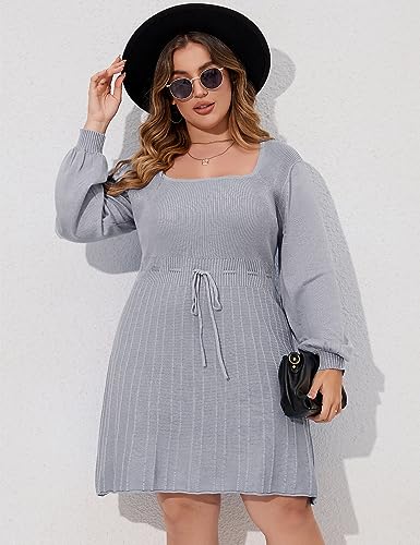 Image of Women's Plus Size Casual Sweater Dress Square Neck Long Lantern Sleeve Tie Waist Loose Pullover Sweater Dresses