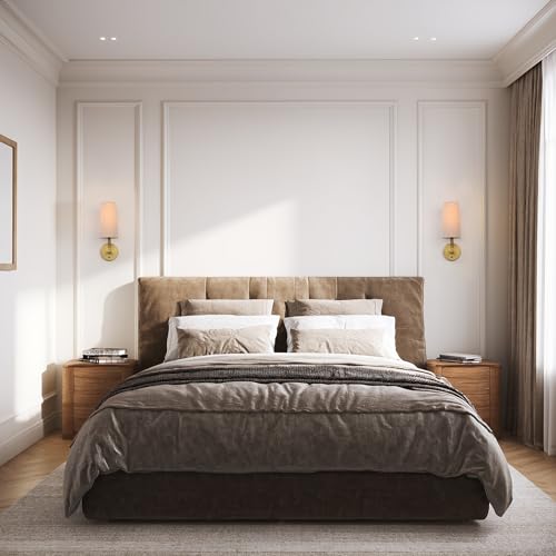 Image of Brass Wall Sconces Set of Two, Hardwired Linen Fabric Shade Wall Lamps, Bathroom Vanity Lights Fixture with Switch, Indoor Wall Lights for Bedroom Living Room Corridor