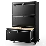 Aobabo 3 Drawer Lateral File Cabinet with Wheels, Lockable Metal Filing Cabinet for Home Office, Legal/Letter Size,Black,Required Assembled,15.87