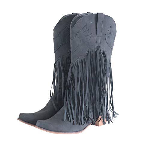 Noldares Cowboy Boots For Womens Tassel Fringe Winter Warm Cowgirl Boots Low Heel Pointed Toe Fashion Wedge Boots, Black, 6.5-7 #TOP2