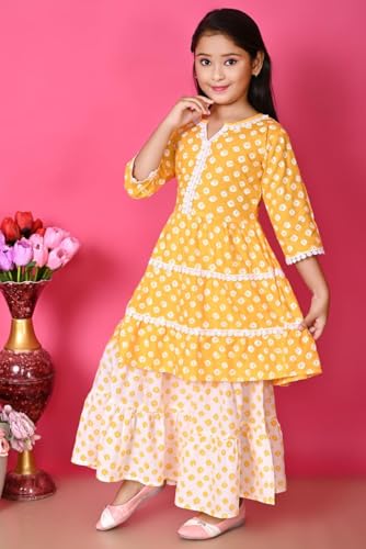 Image of First DREAMGirls Pink Bandhani Printed with Cotton Flower Lace Kurta with Sharara