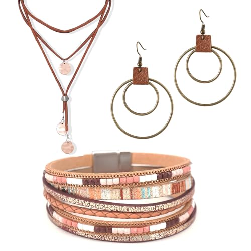 JDRGJTH 3PCS Western Jewelry for Women - Bohemian Layered Leather Necklace Dangle Drop Earrings Faux Leather Bracelet, Boho Cowgirl Accessories for Rodeo & Party