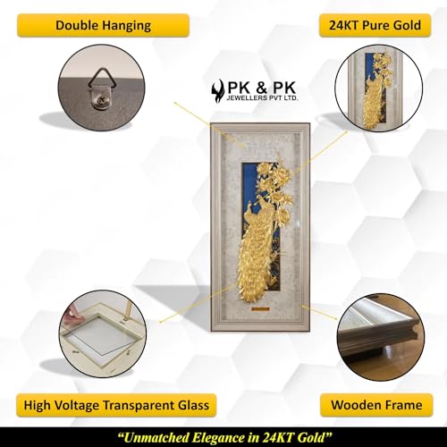 Image of Pk & Pk Jewellers Shiny Peacock Pair | 24KT Gold Rectangular Frame | White Frame Collection | Super Large Size [55x105 cm] (For Premium Luxury Gift, Home Decor, Wall Decoration)