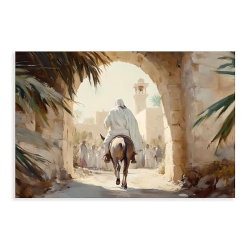Easter Wall Art - Jesus Entering Jerusalem Canvas Print, Biblical Christian Home Decor, Palm Sunday Religious Painting, Unframed Religious Gift for Church, Modern Spiritual Art (36x24 Inches)