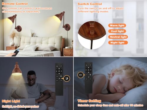 Image of GOODATE 1 Pack Plug in Wall Sconce with Remote Control, Dimming, Adjustable Colors 2700K-6500K, Plug in Wall Light, Swing Arm Wall Lamp with Night Light & Timer, LED Bulb Included, Walnut Finish