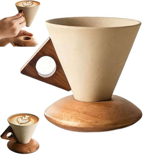 Elegante taza de café cónica, taza de café de cerámica retro con base de madera, taza de café de cerámica hecha a mano, taza de café vintage en forma de cono con mango de madera y posavasos para el Elegante taza de café cónica, taza de café de cerámica retro con base de madera, taza de café de cerámica hecha a mano, taza de café vintage en forma de cono con mango de madera y posavasos para el
