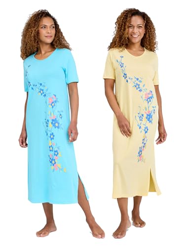 Amber Ladies Pack of 2 Nightdresses for Women Short Sleeve Nighties Comfortable Sleepwear Cotton Nightdress Blue/Lemon 16-18