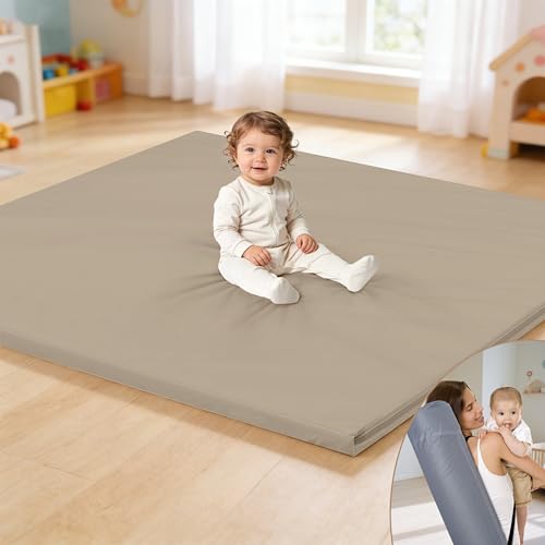 Image of HARBOLLE Baby Play Mat 47x47 Inches, Extra Thick 1.2" Foam Floor Mat for Tummy Time & Crawling, Waterproof Non-Slip Faux Leather Playpen Mat for Infants Toddlers, Indoor Outdoor Gym Activity, Brown