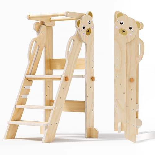 Aoykkii Torre de aprendizaje plegable para niños, taburete de cocina de 3 niveles de altura ajustable, torre infantil Montessori para cocina, baño y habitación infantil (color madera oso pequeño)