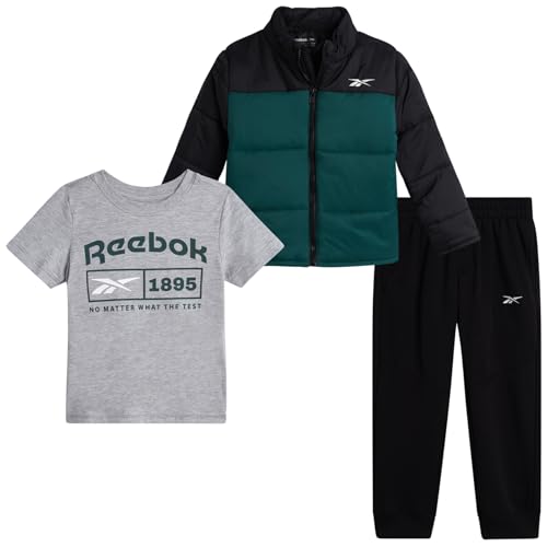La mejor comparación de Conjuntos para Niño los mejores 5. 39 Reebok - Juego de pantalones para bebé y niños, 3 piezas, chamarra acolchada para correr, pantalones deportivos y camisas gráficas para niños pequeños (12M-7), Verde cazador,...