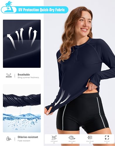 Viodia Womens Swim Shirt UPF50+ Rash Guard Long Sleeve Swimsuit Top Sun Protection Shirts Bathing Suit with Zipper Bright Navy XL — view 6