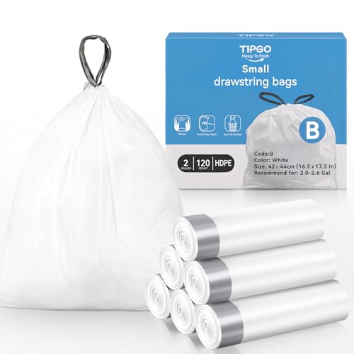 TIPGO Small Trash Bags Drawstring 2 Gallon, Pre-Cut Mini Garbage Bags for 2.0-2.6 Gallon Trash Bins, 120 Count (Code B)