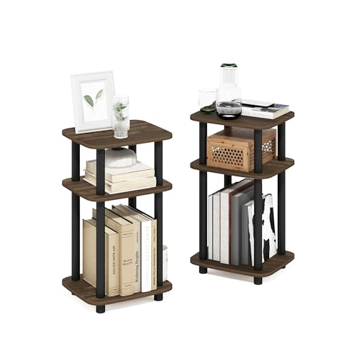 Image of Furinno JUST 3-Tier Telephone Table Set of 2, Turn-N-Tube Toolless Side Table with Open Shelf, Round Curve Corner Night Stand, Bedside Table, for Living Room, Bedroom, Columbia Walnut