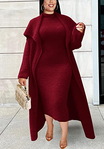 Molisry Women's Fuzzy 2 Piece Dress Outfits Open Front Cardigan Mock Neck Sleeveless Bodycon Maxi Dress Set Belted #TOP3