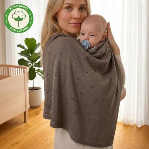 Image of 100% Organic Cotton Knit Receiving Baby Blanket for Newborns - Soft, Breathable Blanket for Crib & Stroller - Nursery Gift (Mochachino)