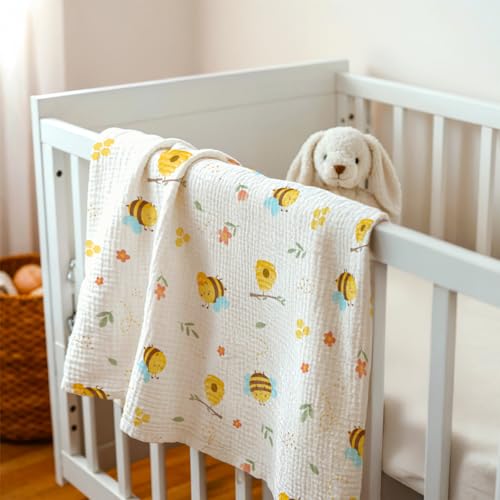 Image of SANDJEST Bee Minky Muslin & Dotted Blanket 30x40 in Gift for Holiday, Gender Reveal Party, Hospital Visit, Baptism