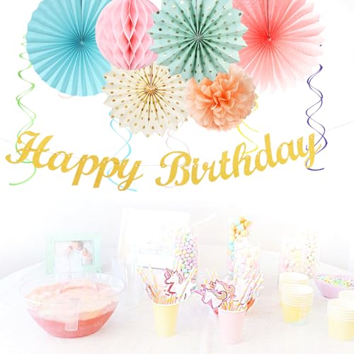 Image of Pastel-Rainbow Classroom Girls Birthday Party-Decorations - 21pcs Happy Banner Decor, Colorful Paper Streamers Lanterns,Tissue Pom Poms Fan,Hanging Honeycomb Garland, Two Sweet Easter Supplies Huglony