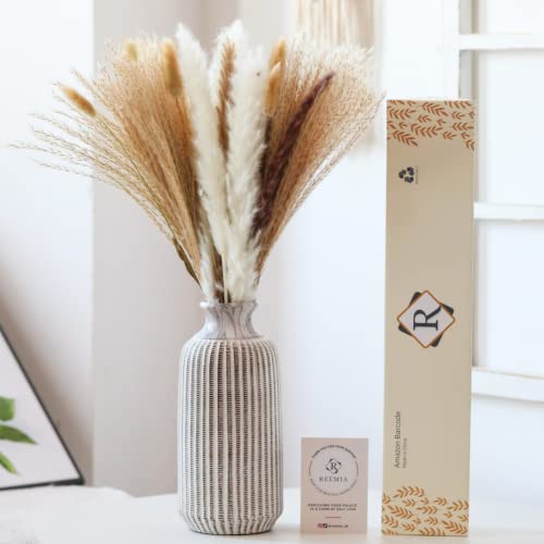 REEMIA Pampas Grass Bouquet – 60 Pieces, 43cm 16.9” of Fluffy Dried Flowers – White, Brown, Bunny Tails & Reed Stems…