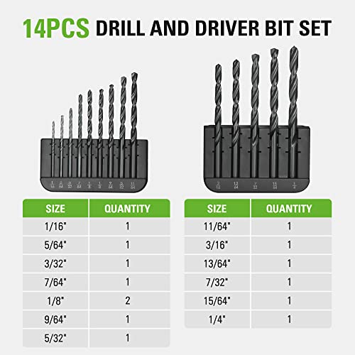 Image of Greenworks 14 Pcs Black Oxide Drilling Bit Set,135 Degree Split Point, Black Oxide Coated, For Plastic, Wood and Metal
