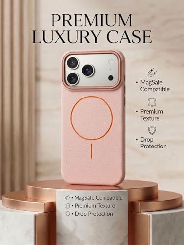 Image of amazon basics Luxury MagSafe Compatible Leather Texture Back Cover for iPhone 17 Pro Max | Raised Camera Protection | Slim Fit Shockproof Case with Metallic Accents (Pink)