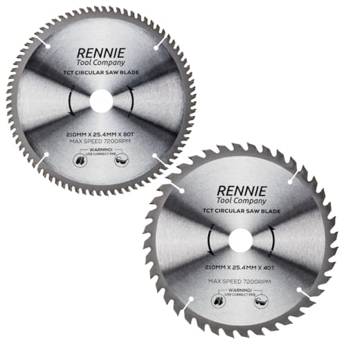 Rennie Tools 2 Pack - 210mm x 40T & 80T x 25.4mm Bore TCT Circular Wood Saw Blades Fits Evolution Saws & Evolution Rage Saws. 210mm Saw Blades 25.4mm Bore With 40 Teeth And 80 Teeth
