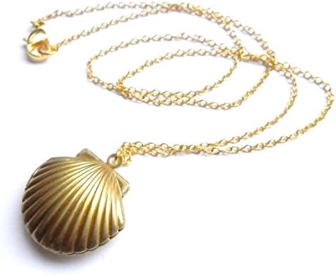 WEILYDF Sea Shell Locket, Mermaid Valentine Necklace, Beach Locket, Gold Tone Brass, Little Shell Locket, Nautical Jewelry