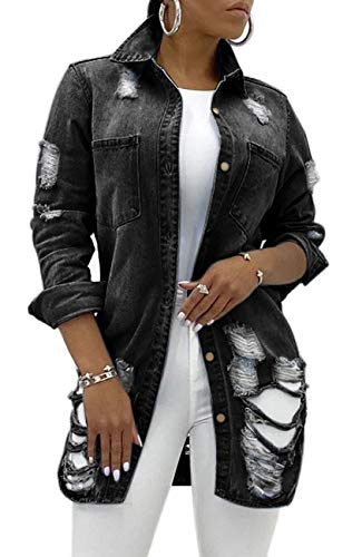 SeNight Ripped Jean Jacket Women Black Sexy Long Sleeve Classic
