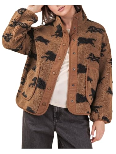 Joiemont Womens Western Horse Printed Fleece Jacket Button Teddy Jacket Sherpa Fluffy Jacket Outwear(0737-Brown-M)