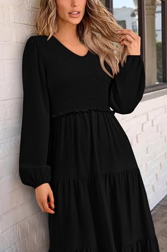 Image of PRETTYGARDEN Fall Dresses for Women 2025 Casual Long Sleeve V Neck Smocked A Line Long Flowy Wedding Guest Dress