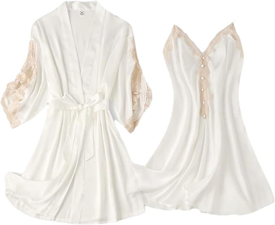 Haitpant Summer Women 2Pcs Rayon Kimono Bathrobe Robe Set Lace Floral Sexy Bride Dress Gown Sling Nightgown Sleepwear Lounge