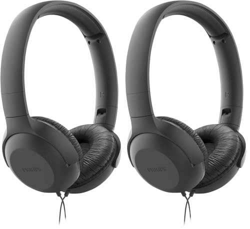Philips UH201BK/00 Casque d'écoute avec câble (Pliable, Coussinets Souples, Micro, câble de 1, 2 mètre) Noir (Lot de 2)