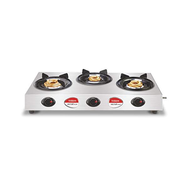 Vidiem Gas Stove S3 195 A Vector Plus (Silver) | 3 Burner Gas Stove Stainless Steel | ISI Certified | Manual Ignition | 5 Years Warranty