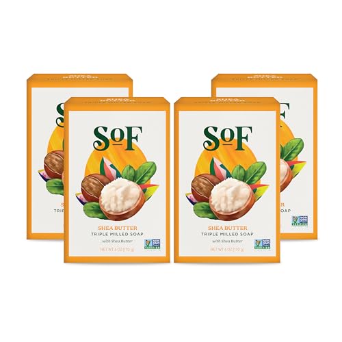 SoF Triple Milled Bar Soap - With Coconut Oil & Organic Shea Butter- Vegan & Non GMO- Free From Phthalates Sulfates & Parabens- Shea Butter - 6 oz Bar 4 Bars