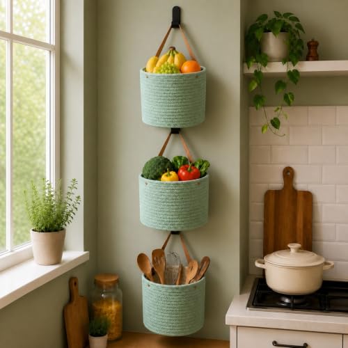 Image of Honeydak 3 Hanging Baskets, Sage Green, Cylinder, Cotton Rope