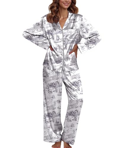 Image of Ekouaer Pajamas For Women Set Silk Pjs 2 Piece Satin Sleepwear Long Sleeve Button Down Lounge Sets With Pant